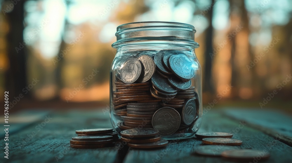 Jar of Coins in an Outdoor Setting Jar of Coins in an Outdoor Setting