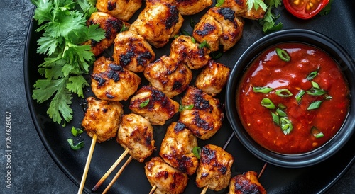 Grilled chicken skewers served with spicy sauce and fresh herbs on a black plate