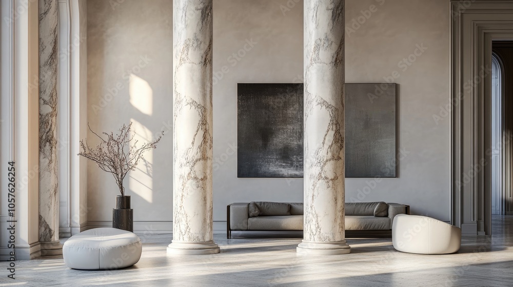 Marble columns in a sleek contemporary interior showcasing photorealistic detail and refined clean lines Marble columns in a sleek contemporary interior showcasing photorealistic detail and refined clean lines