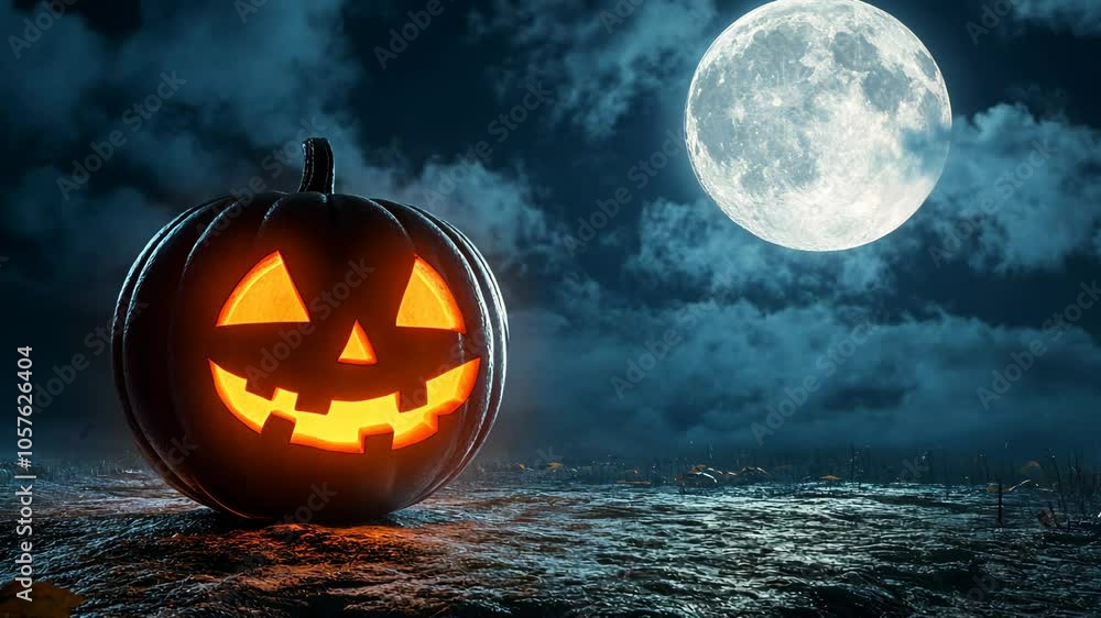 A lit jack-o'-lantern sits under a full moon on a spooky Halloween night A lit jack-o'-lantern sits under a full moon on a spooky Halloween night