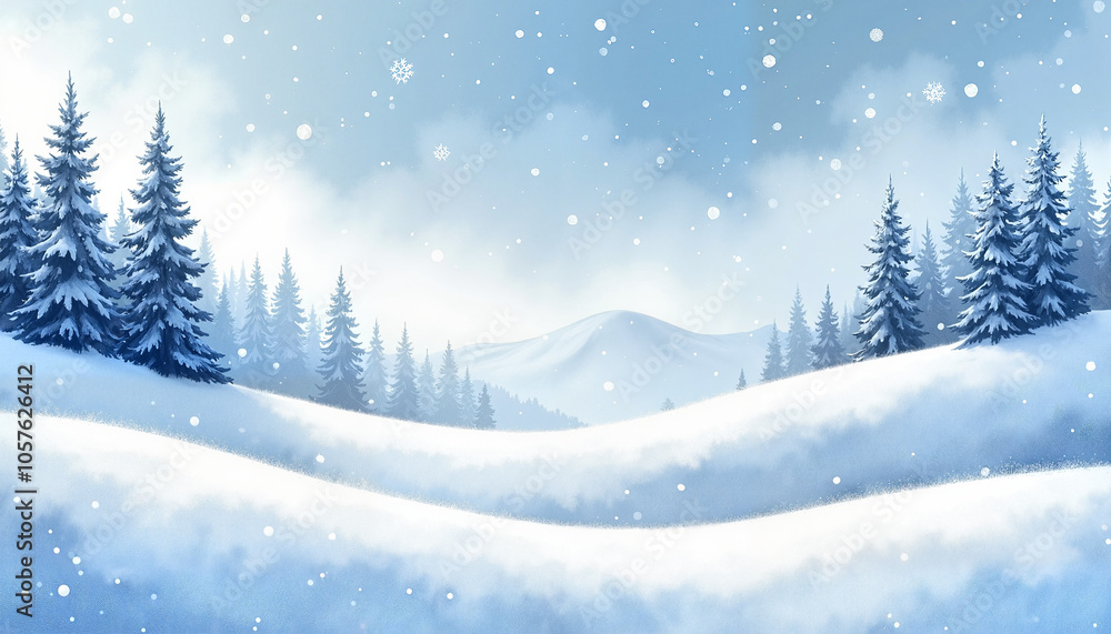 Obraz premium Winter landscape with snowflakes and pine trees in a peaceful atmosphere