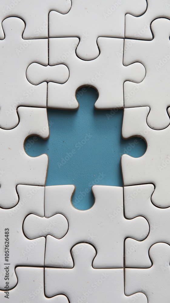 White jigsaw puzzle with one piece missing revealing blue background White jigsaw puzzle with one piece missing revealing blue background