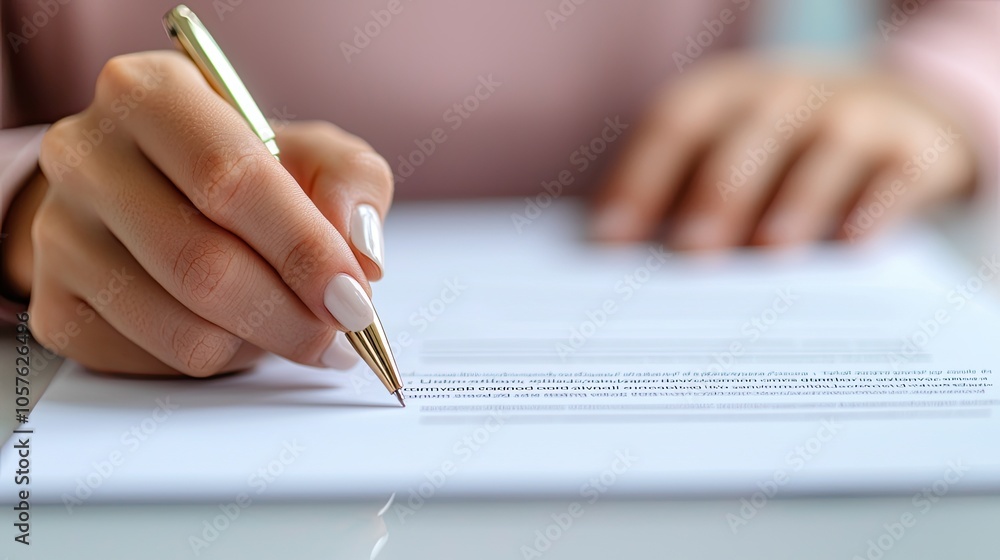 A close-up of a person’s hand holding a golden pen, writing on a white sheet of paper. A close-up of a person’s hand holding a golden pen, writing on a white sheet of paper.