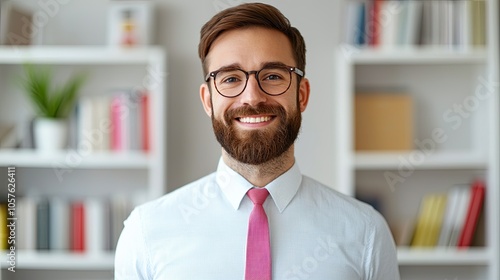 A smiling man with glasses and a tie stands in a bright, modern room with bookshelves in the background.