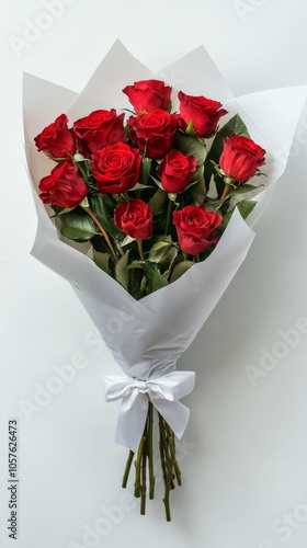 A bouquet of red roses wrapped in white paper with a ribbon, perfect for a ro...