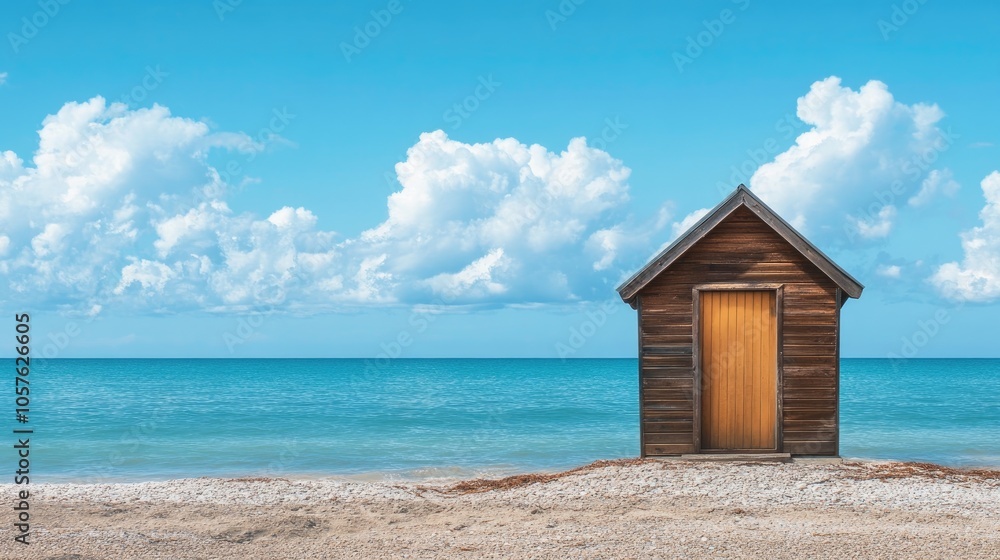 A single wooden cabin door is situated on a peaceful beach A single wooden cabin door is situated on a peaceful beach