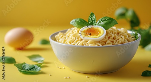 A bowl of ramen with soft boiled egg and fresh basil on a vibrant yellow back...