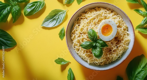 A bowl of ramen with soft boiled egg and fresh basil on a vibrant yellow back...