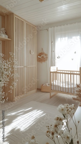 Bright and airy nursery with wooden furniture and soft floral accents during ...