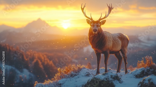 A majestic red deer stag stands on a snow-covered mountain ridge at sunset, with a breathtaking view of the surrounding mountains.