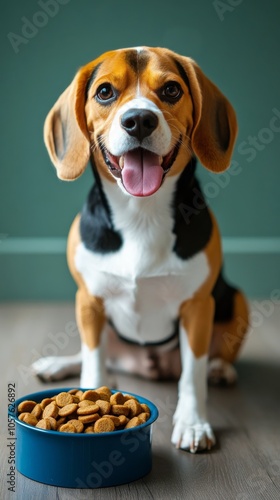 A cheerful beagle sits with a blue bowl of dry dog food on a light wooden flo...