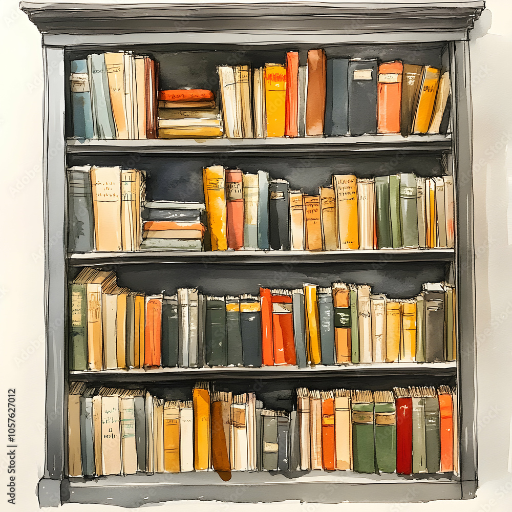 Fototapeta premium Tall Narrow Bookshelf Filled with Colorful Books in a Cozy Interior Setting