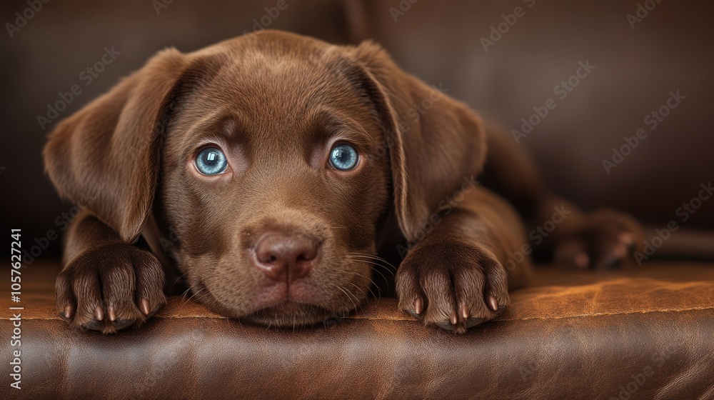 Charming portrait of a chocolate Labrador puppy with captivating blue eyes relaxing on a leather surface Charming portrait of a chocolate Labrador puppy with captivating blue eyes relaxing on a leather surface