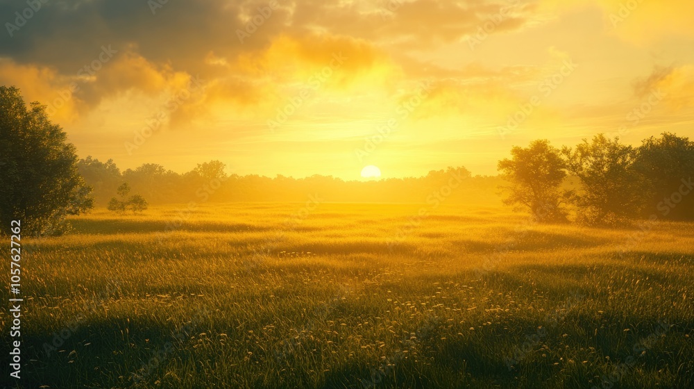 Sunrise Casting Golden Light Across a Natural Landscape in a Verdant Field Sunrise Casting Golden Light Across a Natural Landscape in a Verdant Field