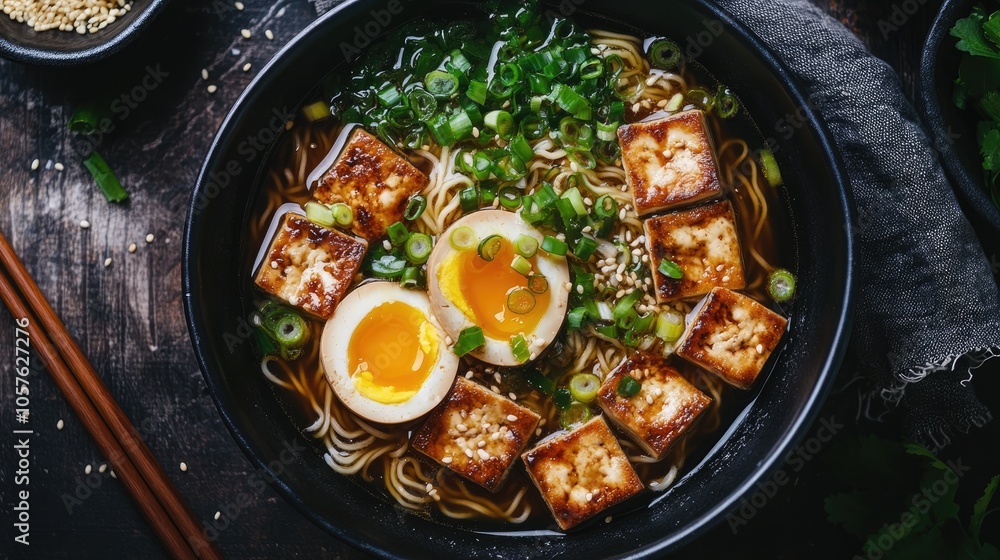 Top view of a homemade vegetarian ramen soup featuring fried tofu egg and spring onions served in a dark bowl Top view of a homemade vegetarian ramen soup featuring fried tofu egg and spring onions served in a dark bowl