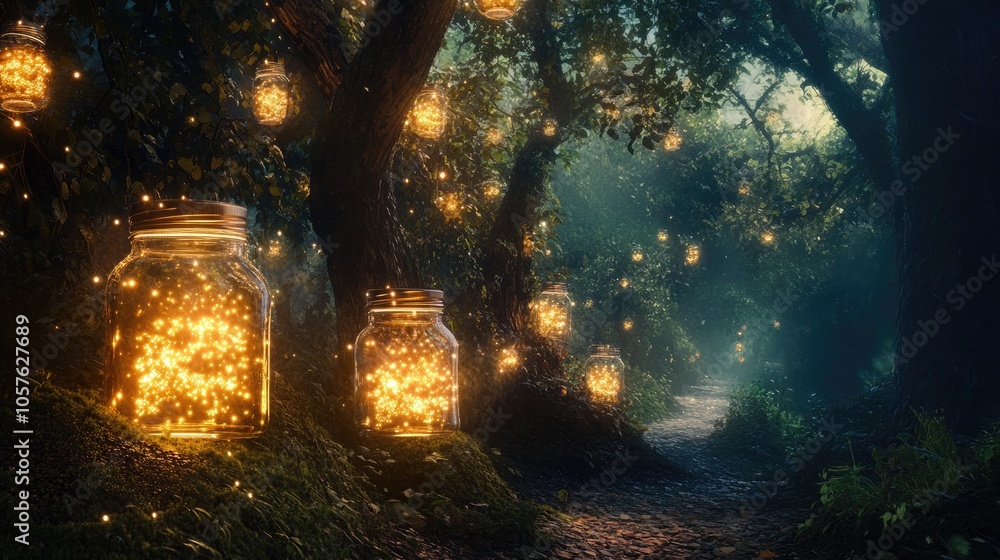 Illuminated jars and shimmering lights foster a enchanting ambiance in a surreal forest ideal for imaginative design concepts Illuminated jars and shimmering lights foster a enchanting ambiance in a surreal forest ideal for imaginative design concepts