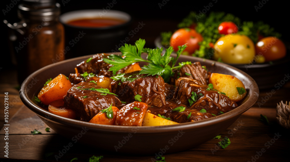 Winter comfort food: Close-up of tender braised beef in rich gravy, garnished with fresh herbs, served with carrots and potatoes on a rustic wooden table Winter comfort food: Close-up of tender braised beef in rich gravy, garnished with fresh herbs, served with carrots and potatoes on a rustic wooden table