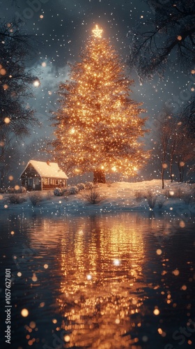 A beautifully lit Christmas tree glowing beside a snowy lake during a winter ...