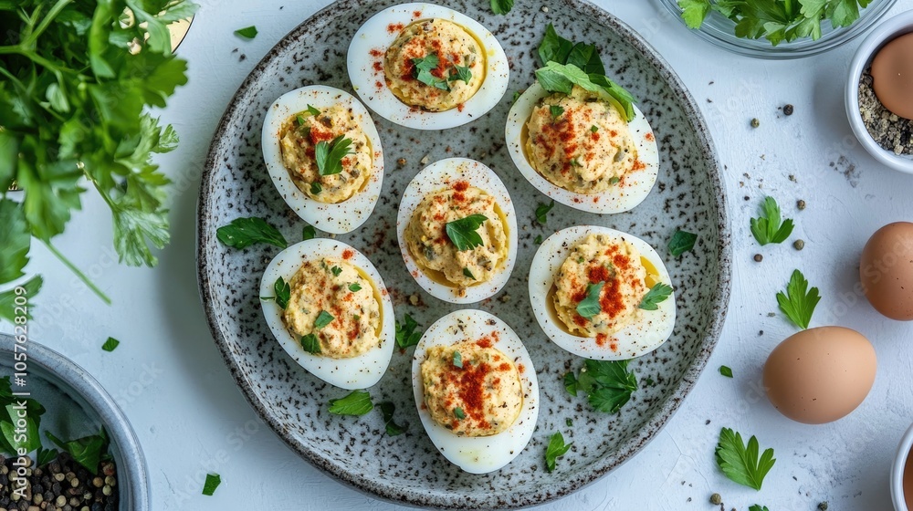 Stuffed eggs on a plate adorned with fresh herbs and spices Stuffed eggs on a plate adorned with fresh herbs and spices