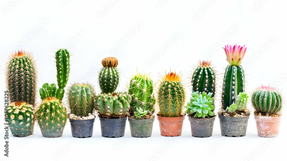 A variety of cacti displayed in pots against a white background. A variety of cacti displayed in pots against a white background.