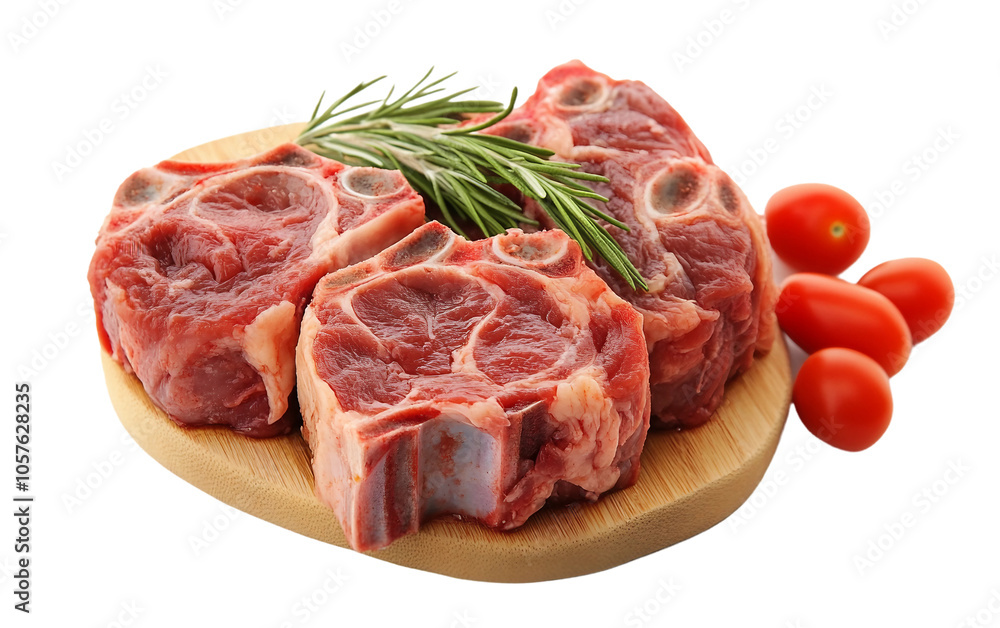 Freshly Cut Meat with Rosemary and Cherry Tomatoes on a Wooden Board for Culinary Use and Recipe Presentation Freshly Cut Meat with Rosemary and Cherry Tomatoes on a Wooden Board for Culinary Use and Recipe Presentation