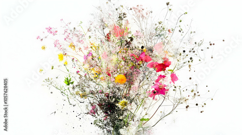 A vibrant bouquet of various flowers and plants, artistically arranged against a white background.