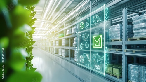 Warehouse management technology concept. Eco-friendly smart warehouse powered by renewable energy, logistics sustainability, green technology