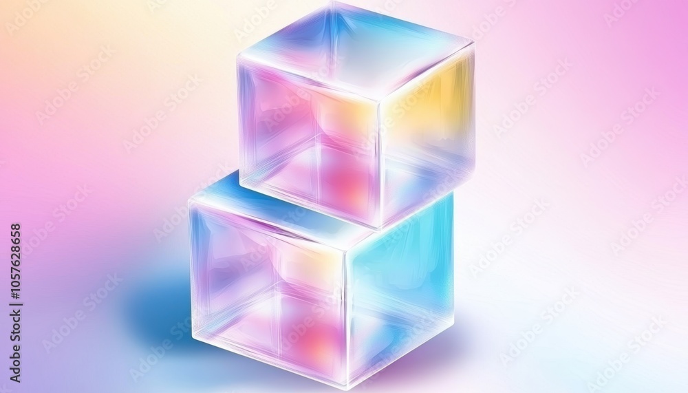 Abstract translucent cubes with glowing centers and floating squares, pastel gradient background, symbolizing digital architecture and network technology Abstract translucent cubes with glowing centers and floating squares, pastel gradient background, symbolizing digital architecture and network technology