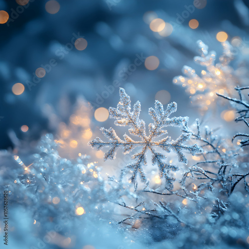 Soft Icy Blue Background with Delicate Snowflake Details, Evoking a Calm Winter Atmosphere photo