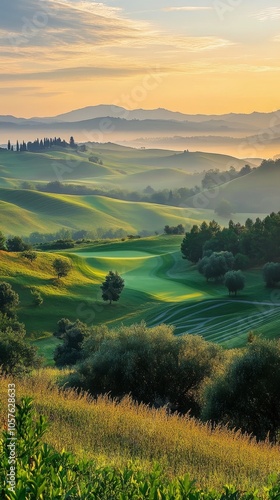 Morning sunrise over a tranquil golf course surrounded by mist and lush greenery