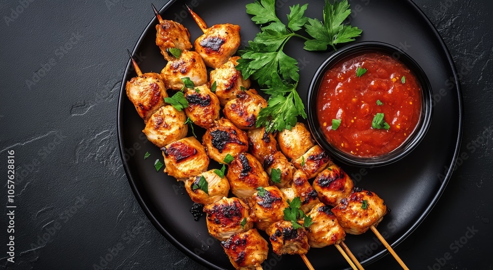 Grilled chicken skewers served with spicy sauce and fresh herbs on a black plate Grilled chicken skewers served with spicy sauce and fresh herbs on a black plate