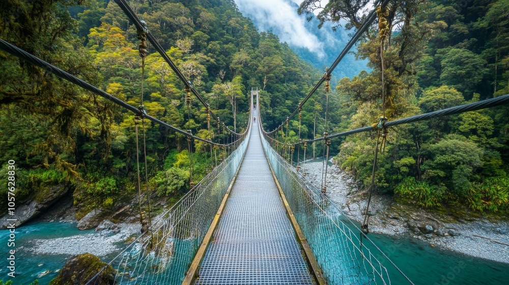 Fototapeta premium Scenic Suspension Bridge in Lush Green Forest