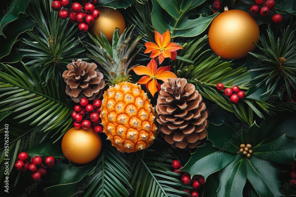Fototapeta premium tropical christmas decor, add a tropical vibe to your holidays with this vivid christmas banner featuring lush greenery