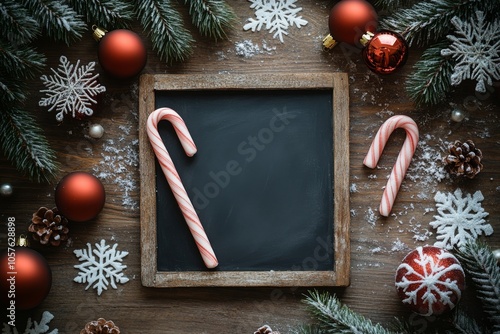 Festive arrangement with candy canes, ornaments, and pine branches for holida...