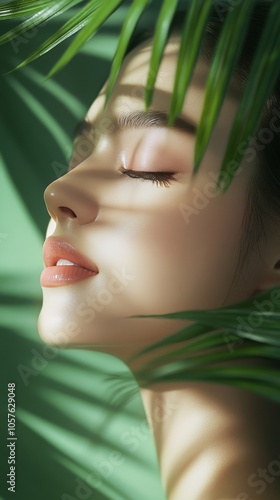 Soft sunlight illuminates a womans serene face surrounded by lush tropical le...