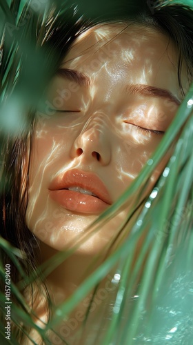 Soft sunlight illuminates a womans serene face surrounded by lush tropical le...