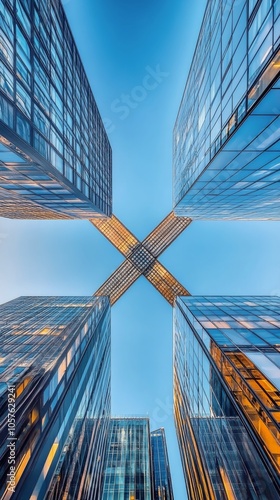 Aerial view of modern skyscrapers creating a striking crossing shape under a ...