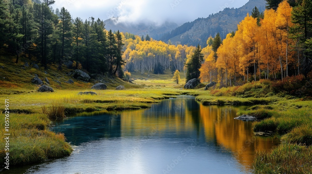 Vibrant yellow aspen trees contrast with green pines by a serene lake, reflecting colors under drifting clouds in high altitude mountains Vibrant yellow aspen trees contrast with green pines by a serene lake, reflecting colors under drifting clouds in high altitude mountains