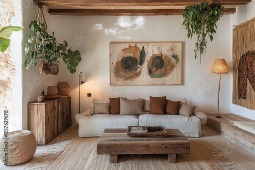 Cozy living room with modern decor and greenery in a sunny home setting