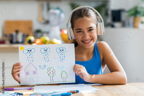 Littlegirl listening to music in headphones while showing her drawing looking at camera in the kitchen at home photo