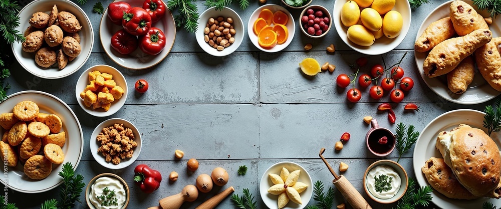 A table with a variety of food, including fruit and pastries, with a festive atmosphere. The table is covered with a white plate of fruit and pastries