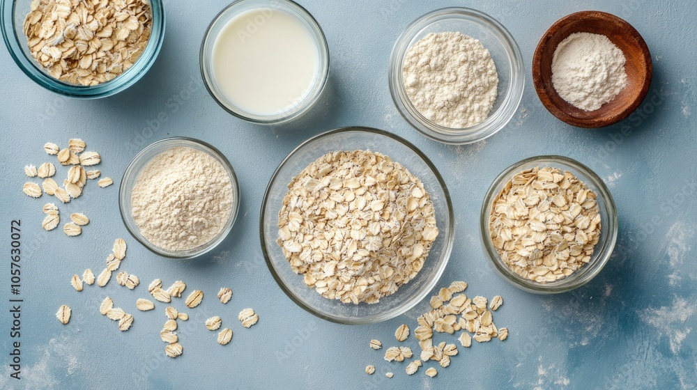 Top view of oat ingredients including dry flakes flour whole grains and a non dairy milk alternative Represents healthy organic and vegetarian food options Top view of oat ingredients including dry flakes flour whole grains and a non dairy milk alternative Represents healthy organic and vegetarian food options