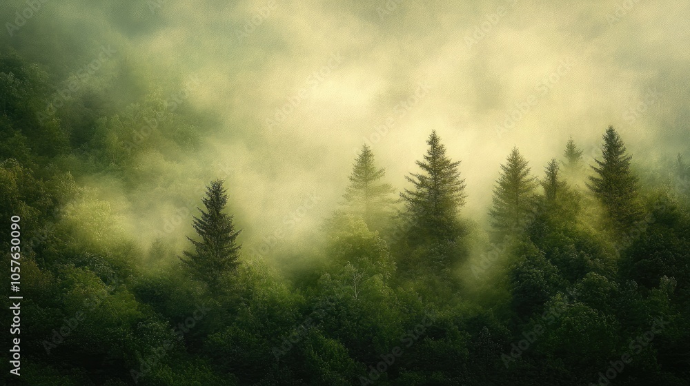 Fototapeta premium Morning light filters through misty evergreens creating a dreamlike aura over a lush green landscape