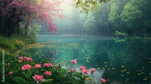 Fototapeta Naklejka Na Ścianę i Meble -  Scenic view of a tranquil lake surrounded by blooming flowers and lush forest greenery
