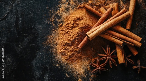 Fototapeta Naklejka Na Ścianę i Meble -  Cinnamon sticks and powder on a brown rustic tabletop showcasing aromatic spices