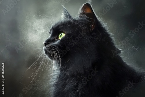 A black cat gazes thoughtfully into the distance on a misty evening in a quie...