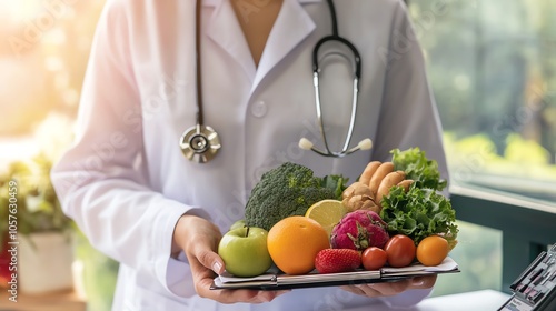 Doctor holding healthy food assortment