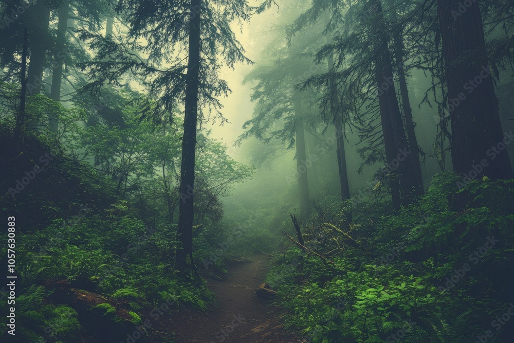 Fototapeta premium A Misty Forest Path Through Tall Trees