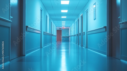 Long hospital corridor with bright lights