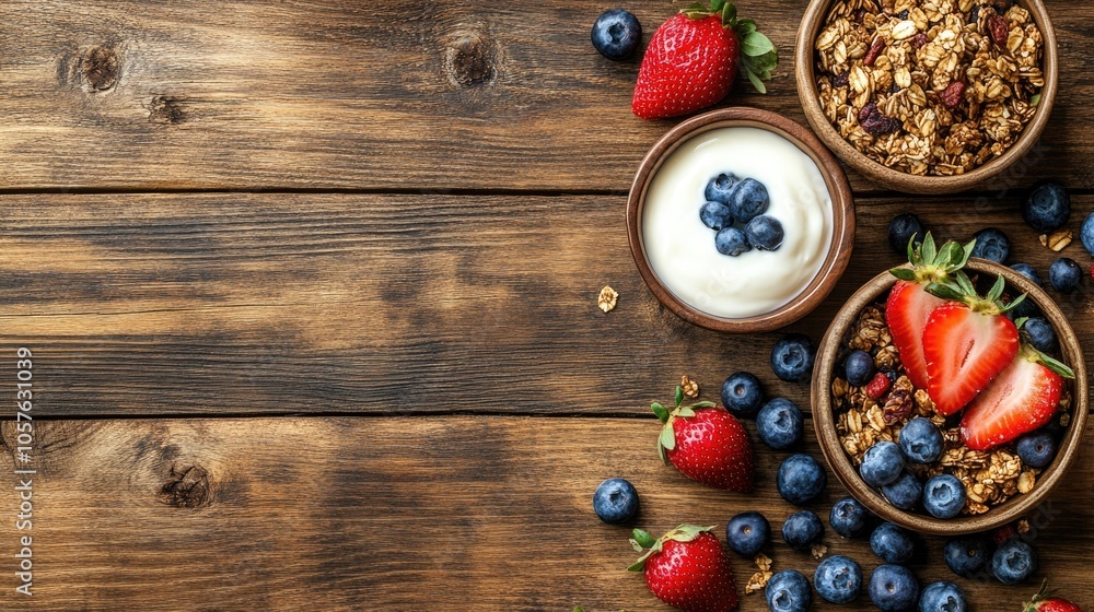 A wholesome breakfast showcasing granola yogurt blueberries and strawberries set against a rustic wooden backdrop ideal for use in a copy space image A wholesome breakfast showcasing granola yogurt blueberries and strawberries set against a rustic wooden backdrop ideal for use in a copy space image